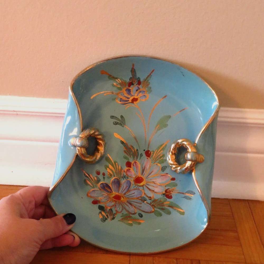 VTG Antique italian folded tray ,hand painted, gold gilded ,flowers